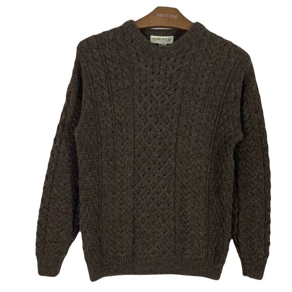 NWOT ORVIS Sweater M IRELAND Fisherman Cable-Knit Pure-New-Wool Crew-Neck Brown - Picture 1 of 8